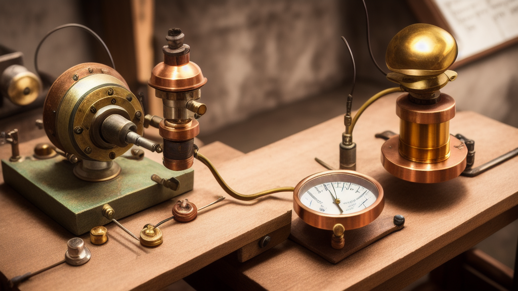 Concept render of a modern Hieronymus radionics device reconstruction with brass dials and copper coils